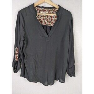 Porridge Shirt Sz M Anthropologie Black Knit Floral Blouse Top Roll Sleeves N50‎
